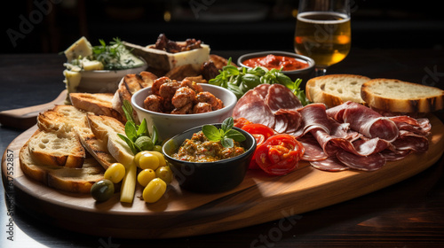 A board of assorted antipasto, featuring cured meats, olives, marinated vegetables, and artisanal bread