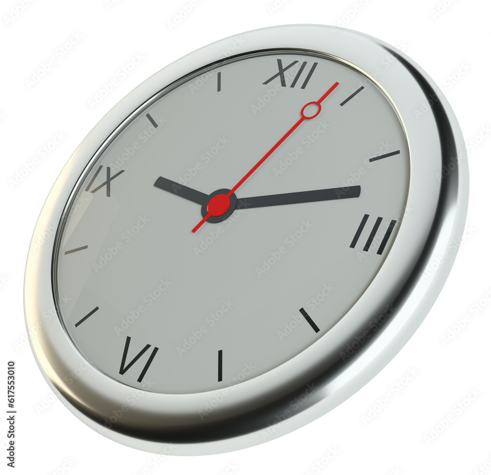 Realistic classic silver round wall clock, isolated on white background. 3D Illustration Realistic classic silver round wall clock, isolated on white background. 3D Illustration