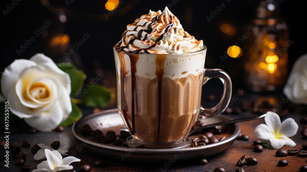 A mug of iced coffee with a swirl of whipped cream and a sprinkle of cocoa powder A mug of iced coffee with a swirl of whipped cream and a sprinkle of cocoa powder