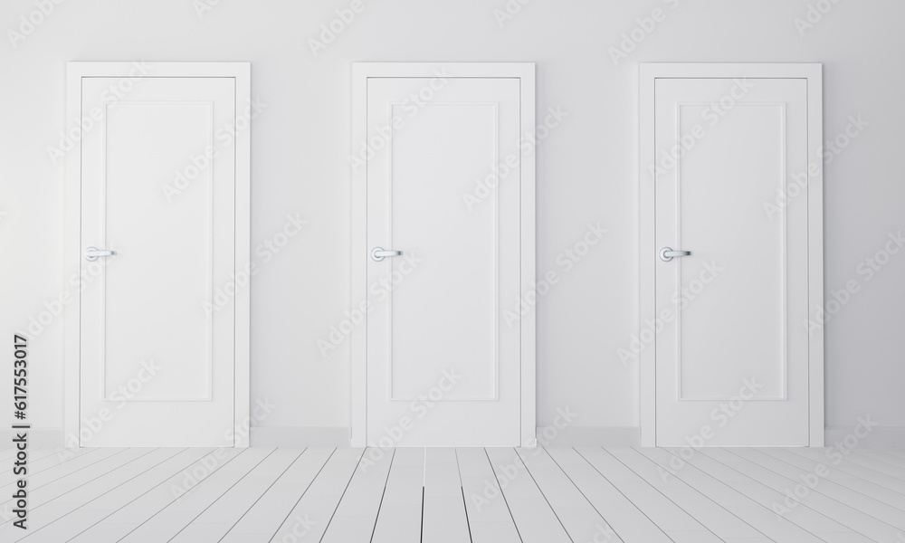 Interior with three white closed doors. 3d rendering Interior with three white closed doors. 3d rendering