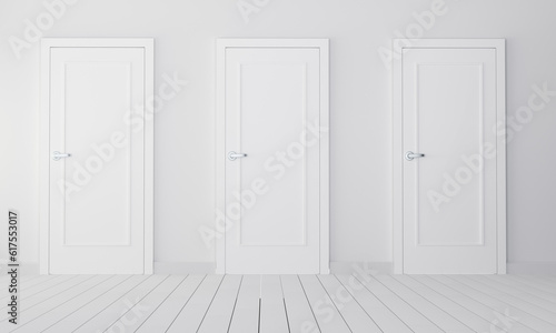 Interior with three white closed doors. 3d rendering