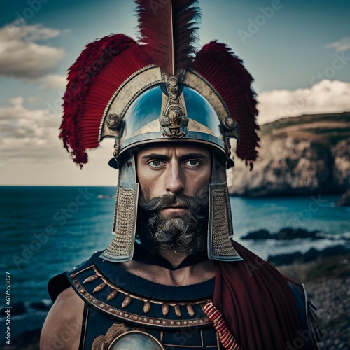 a professional portrait of ancient Carthaginian soldier wearing a Greek Corinthian style helmet is standing on the shores of Sicily Man Shot on Fujifilm Pro 400h  photo