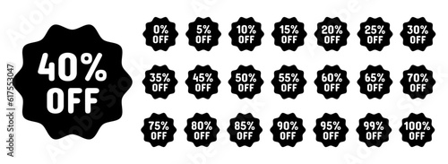 Discount icons. 0%, 5%, 10%, 15%, 20%, 25%, 30%, 35%, 40%, 45%, 50%, 55%, 60%, 65%, 70%, 75%, 80%, 85%, 90%, 99% off icon. Sale symbol. Percent pictogram, flat vector sign. Percentage vector icon.