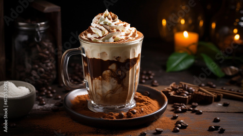 A mug of iced coffee with a swirl of whipped cream and a sprinkle of cocoa powder