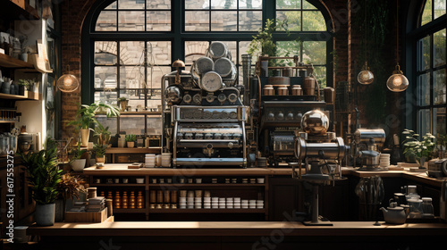 A stylish coffee shop interior with a barista's workstation, espresso machine, and a display of coffee beans. © Milan