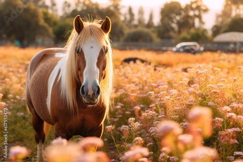 Paint horse looking into the camera while standing in a flower field.