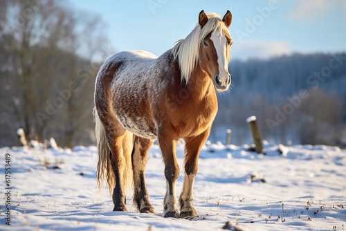 Horse covered in snow while standing in the field.