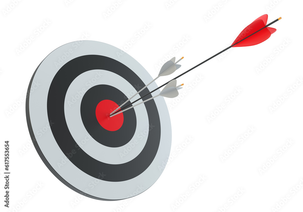 Arrows in archery target. Isoalted on white. 3D Rendering Arrows in archery target. Isoalted on white. 3D Rendering