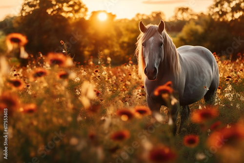 Quarter horse standing in a flower field during sunset in the middle of Texas.