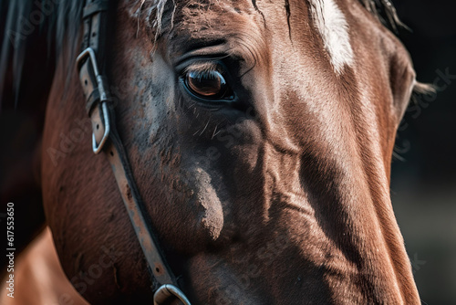 Close-up of a show jumping horse. Micro shot of a horse's face.