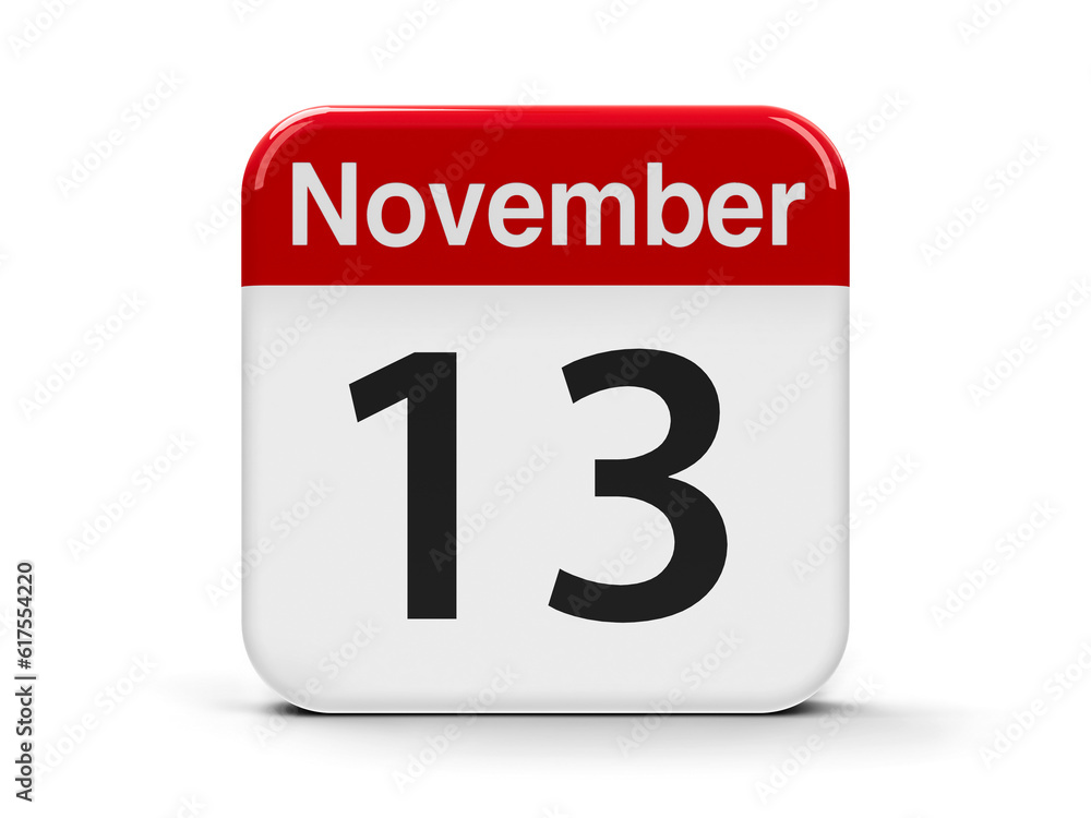 Calendar web button - The Thirteenth of November - World Kindness Day and International Day of the Blind, three-dimensional rendering, 3D illustration Calendar web button - The Thirteenth of November - World Kindness Day and International Day of the Blind, three-dimensional rendering, 3D illustration