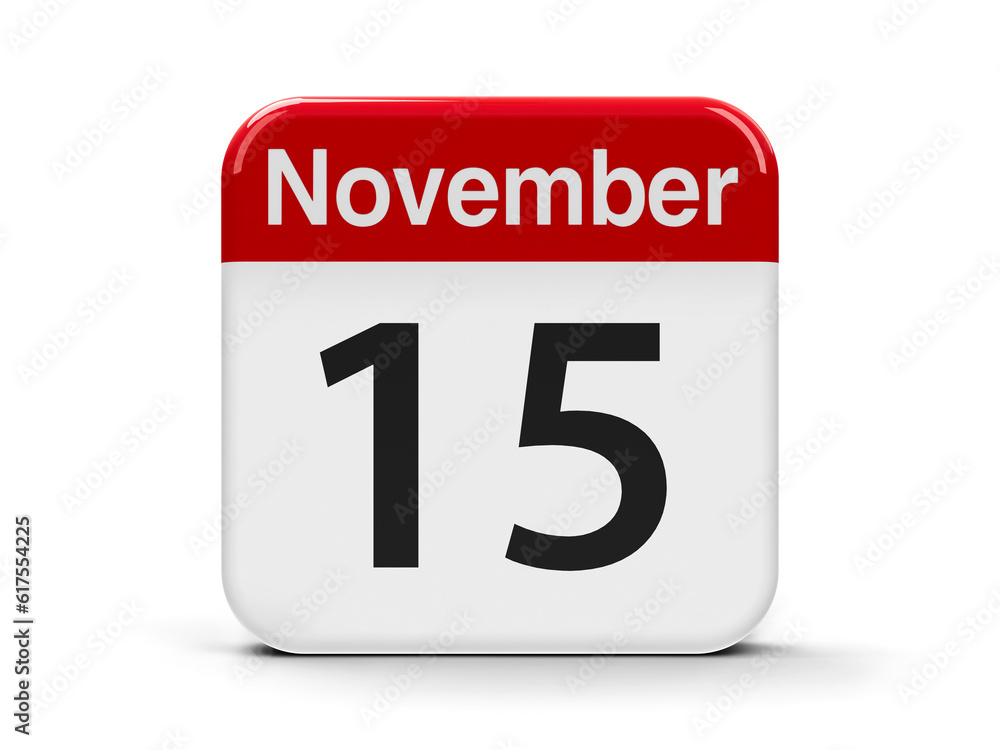 Calendar web button - The Fifteenth of November - World Recycles Day, three-dimensional rendering, 3D illustration Calendar web button - The Fifteenth of November - World Recycles Day, three-dimensional rendering, 3D illustration