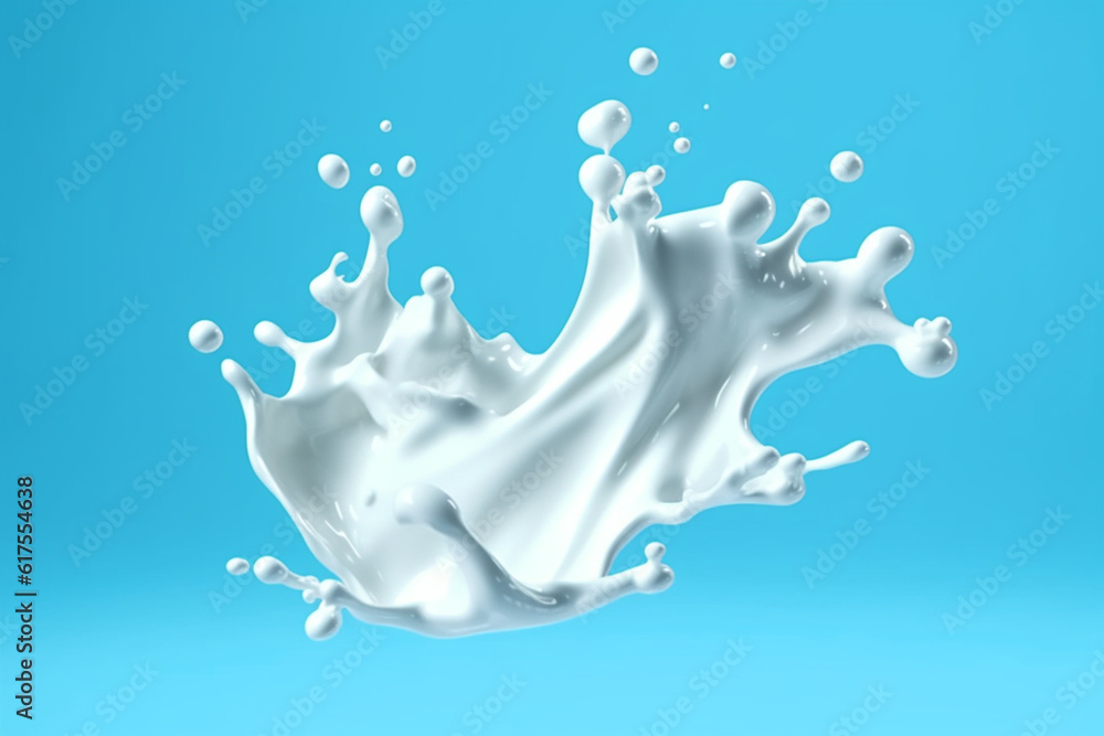 white milk or yogurt splash in wave shape isolated on blue background