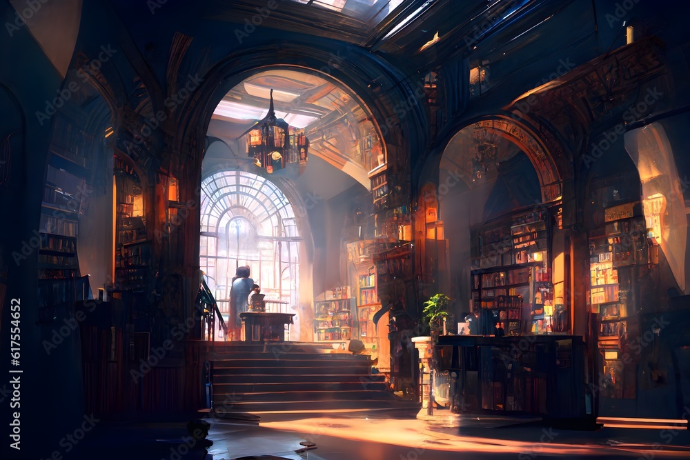 fantasy library lobby with information desk illustration style atmospheric dramatic lighting raytracing cinematic lighting epic composition action style 