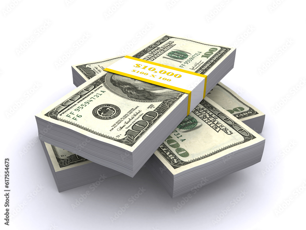 Stacks of hundred dollar bills on the white background (3d render) Stacks of hundred dollar bills on the white background (3d render)