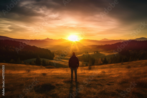 Silhouette of a person looking out over the landscape during sunset