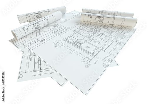 Rolled House Blueprints. Isolated On White Background. 3D Illustration