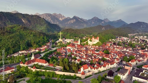 Aerial view over the medieval town Fussen, river and countryside and mountain, Germany photo