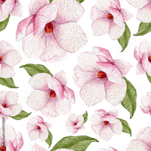 Watercolor spring seamless pattern with magnolia flowers and leaves.Blossoms background