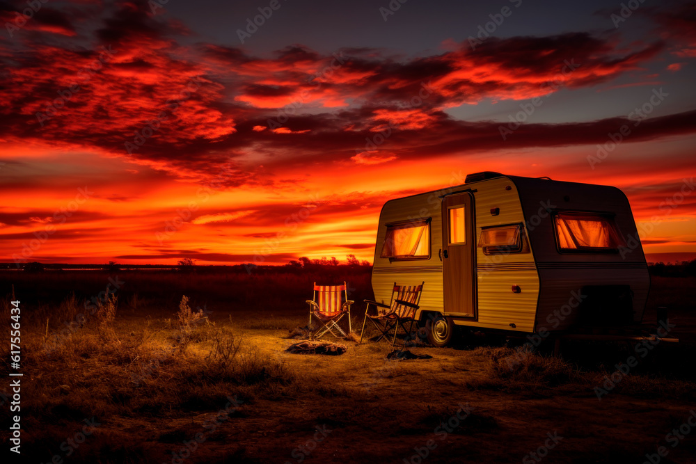 Old camper caravan at sunrise. Generative AI