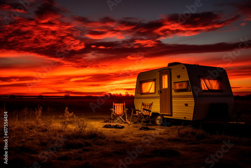 Old camper caravan at sunrise. Generative AI