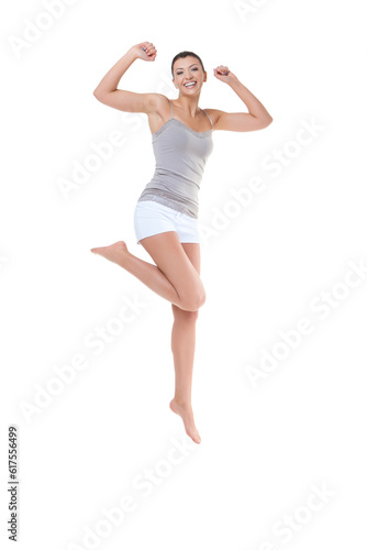 Beautiful happy young woman jumping. Isolated on white background. Copy space.