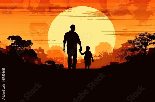 Father and son on sunset background. Illustration