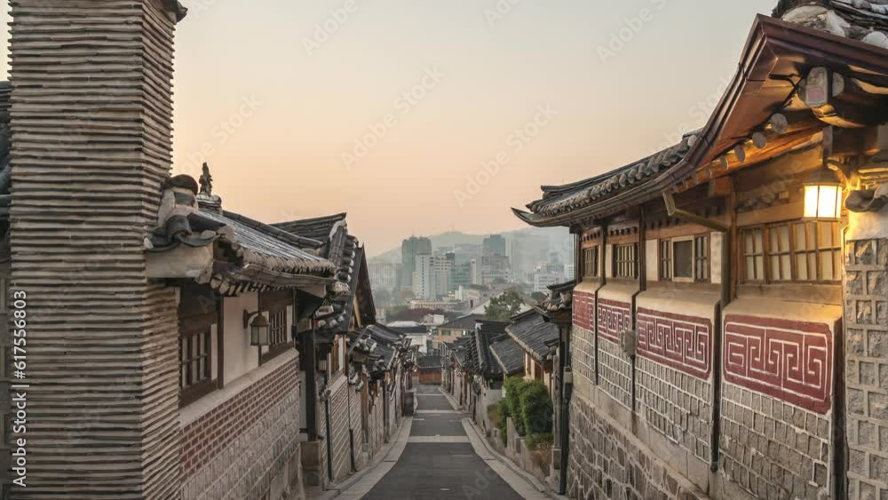 Seoul South Korea time lapse 4K, night to day sunrise timelapse at Bukchon Hanok Village Seoul South Korea time lapse 4K, night to day sunrise timelapse at Bukchon Hanok Village