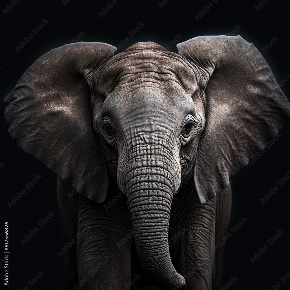 Close-up portrait of an elephant on a black background. Illustration of a wild animal for printing on T-shirts, postcards. Generative AI.