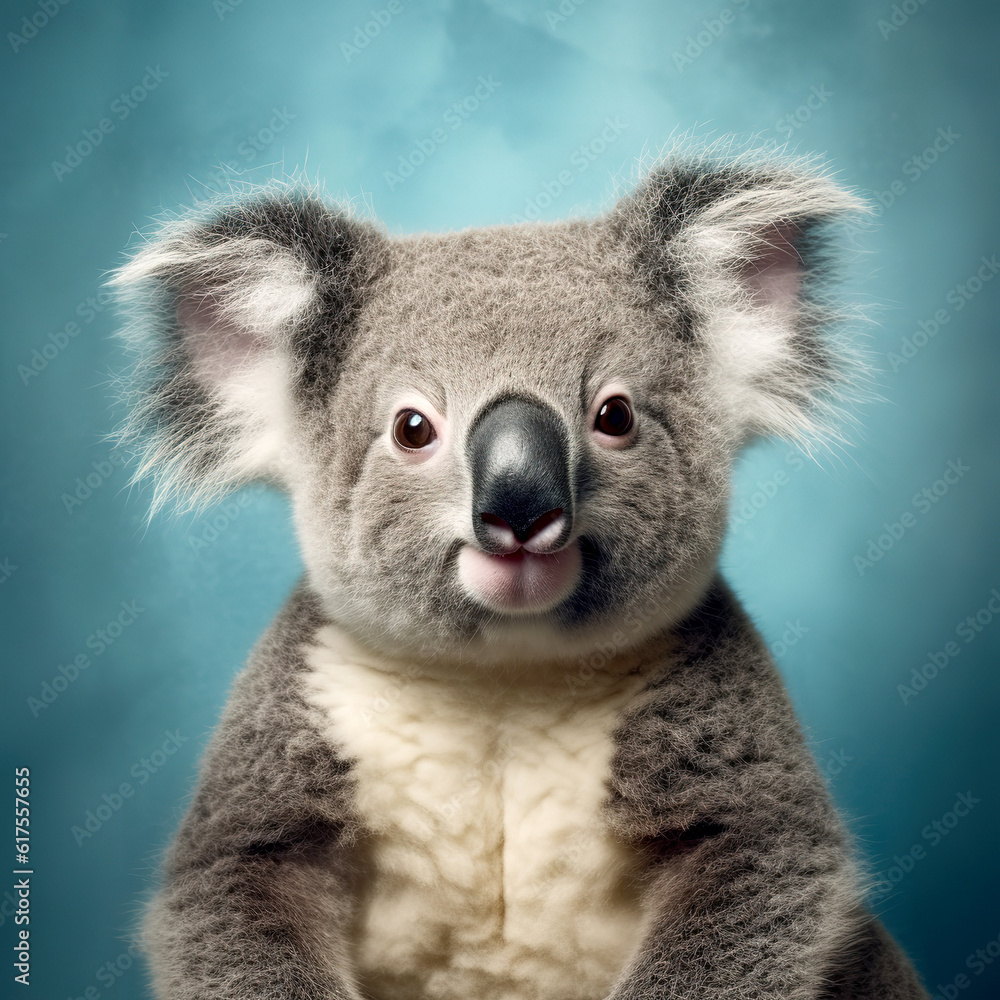 Naklejka premium Koala on a blue background close-up studio portrait. Australian marsupial bear, gourmet eucalyptus. Generative AI.
