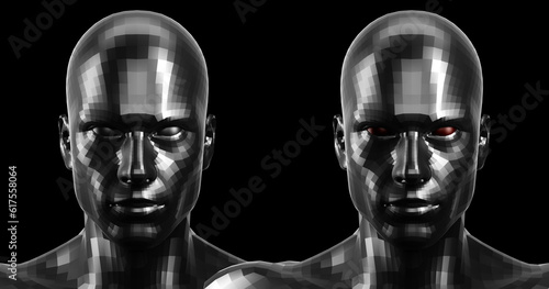 Low poly abstract portrait of a two black humanoids with black and red eyes . Cybernetic Futuristic Concept for your Design.
