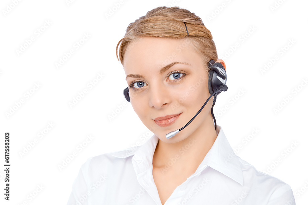 Support phone operator in headset, blonde girl isolated Support phone operator in headset, blonde girl isolated