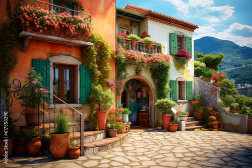 Italian house front with colorful potted flowers. Generative AI © NorLife
