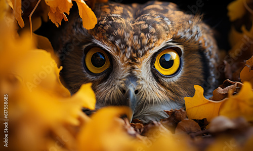 Owl Peeking Amongst Vibrant Fall Leaves, A Delightful Encounter.