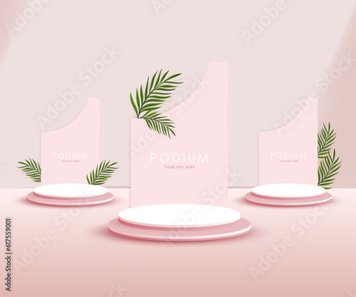 3d product podium and pedestal in red color with palm leaves. 3d rendering vector background view with podium. To display 3d cosmetic products.