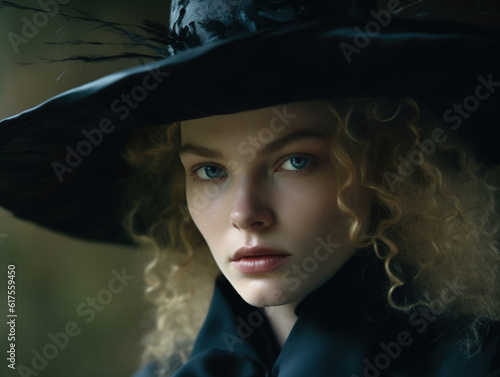 Beautiful woman in black hat and dress.