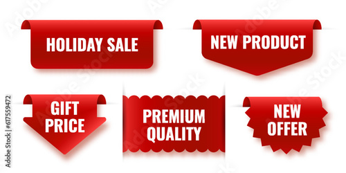 Holiday sale hanging banner. New product arrow shape label. Gift price red discount tag. Premium quality ad ribbon. New offer rounded badge. Market promotional design elements. Web site buy buttons