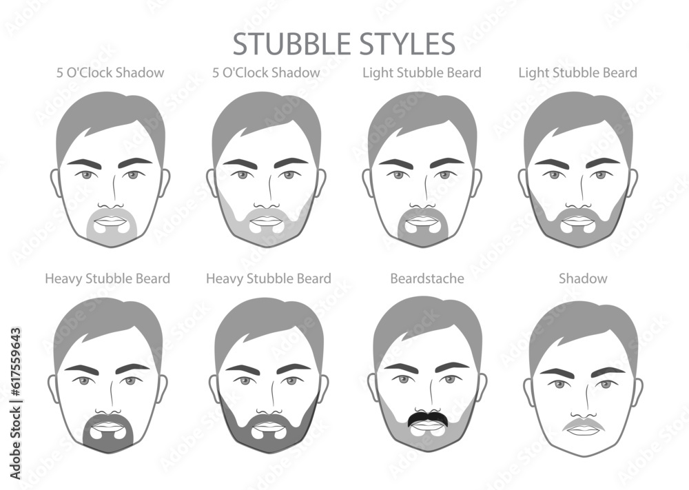 Set of Stubble Beard and mustache with name text style men face illustration Facial hair. Vector black grey portrait male Fashion template flat barber. Stylish hairstyle isolated outline on white. Set of Stubble Beard and mustache with name text style men face illustration Facial hair. Vector black grey portrait male Fashion template flat barber. Stylish hairstyle isolated outline on white.