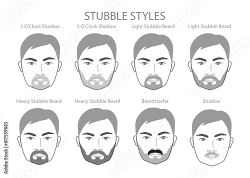 Set of Stubble Beard and mustache with name text style men face illustration Facial hair. Vector black grey portrait male Fashion template flat barber. Stylish hairstyle isolated outline on white.