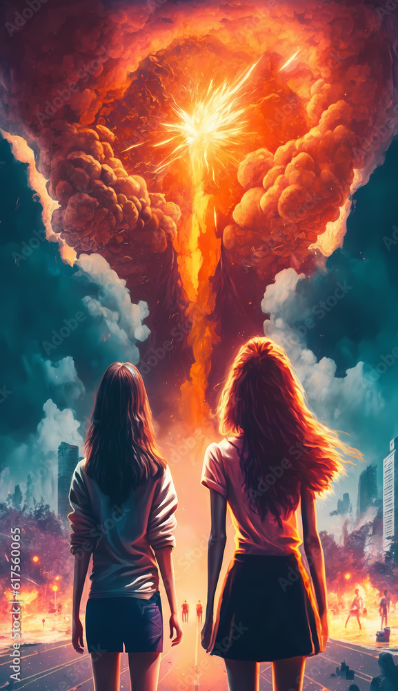 Back view illustration of two girls looking at an explosion, Generative ...