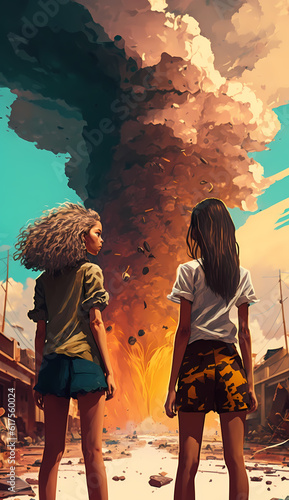 Back view illustration of two girls looking at an destruction in sketch style, Generative AI