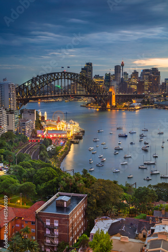 Photography Cityscape image of Sydney, Australia with Harbour Bridge and Sydney skyline during twilight blue hour