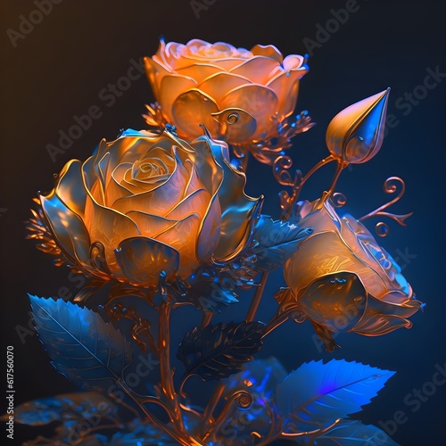 holy lightbeautiful spectral light orange roses the petals are flashing blue light background blue drop reflection light reflection bright super clear transparent metal armor patronus transparent  photo