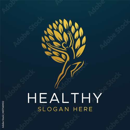 Health care logo with a natural jump and leaf