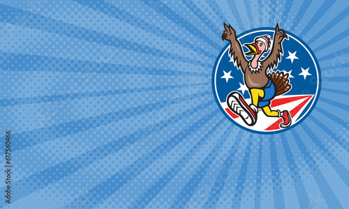 Canvas Print Business card showing Illustration of a wild turkey run trot running runner set inside circle with American flag stars and stripes done in cartoon style