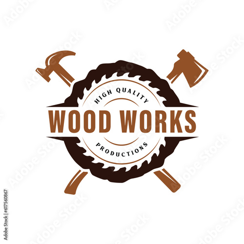 Vector vintage carpentry woodwork and mechanic label badge emblem and logo vector illustration