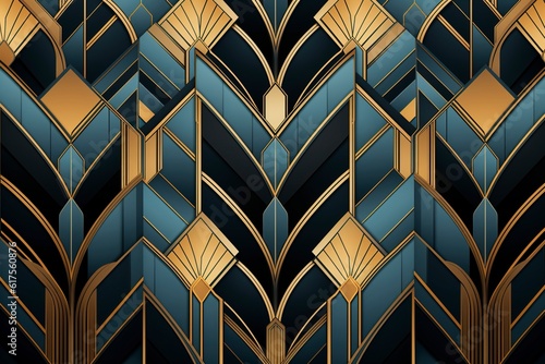 Art Deco style geometric pattern with golden elements. AI generative Art.