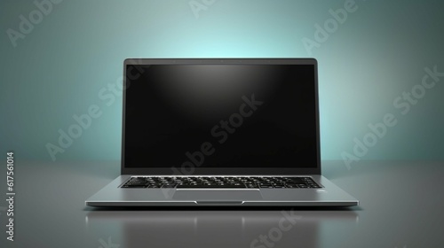 gray Laptop isolated on a dark table with green background, png, clean, minimalist product