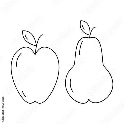 Set of 2 contour drawing seasonal fruits apple and pear. Thanksgiving day. Coloring book. Vector.