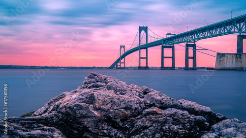 Fotografie Dramatic beautiful sunset landscape over Jamestown Verrazzano Bridge and Narraga